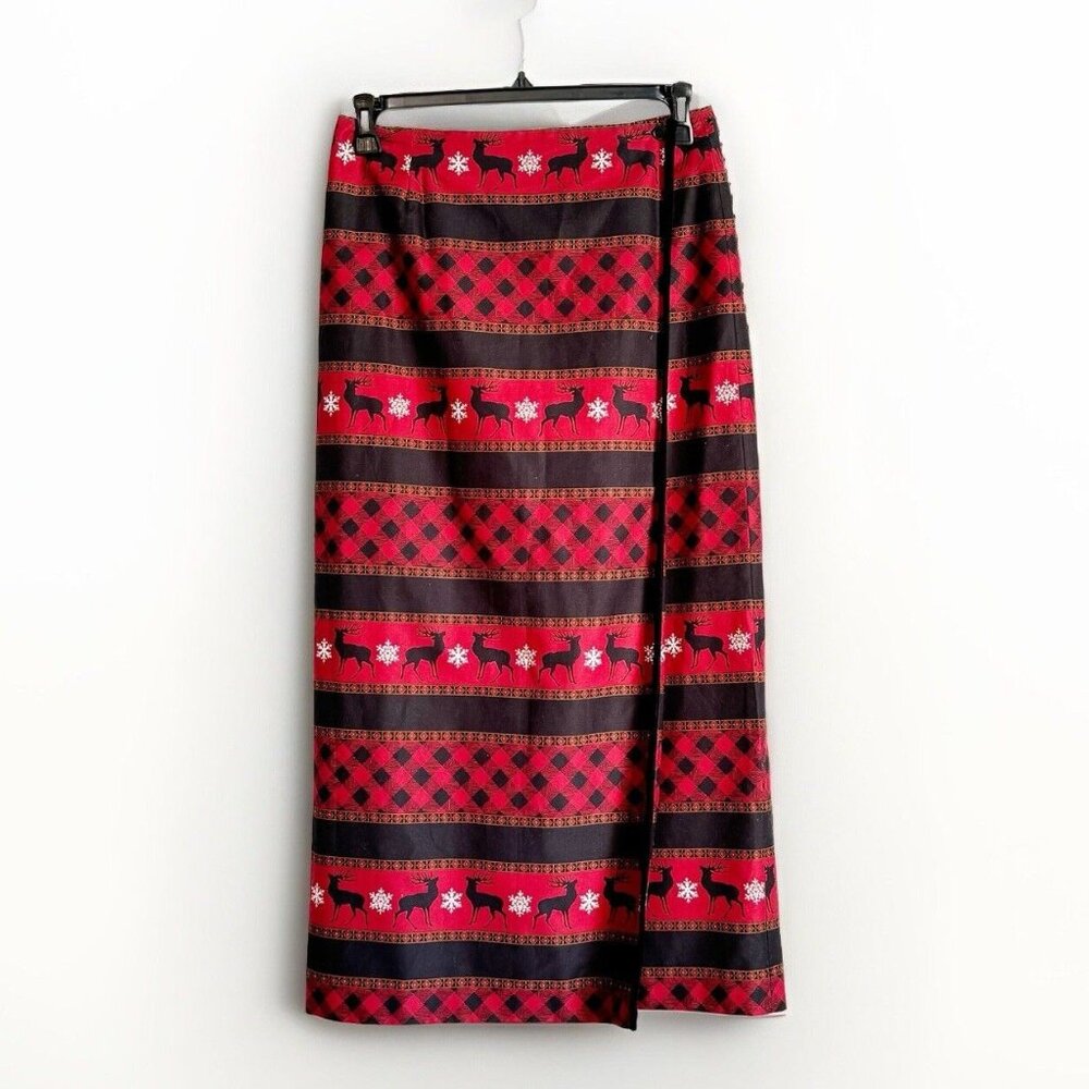 VTG Scott Taylor Women’s 12 Reindeer Midi Straight Wrap Skirt Red Holiday Cabin